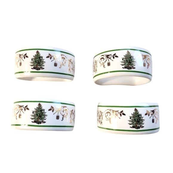 NEW Spode 22K Christmas Napkin Rings Set of 4 Holiday Decor White Green - Picture 2 of 9